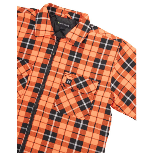 Forcefield Hi Vis Orange Tartan Plaid Quilted Flannel Shirt Jacket with Front Zip-Detail