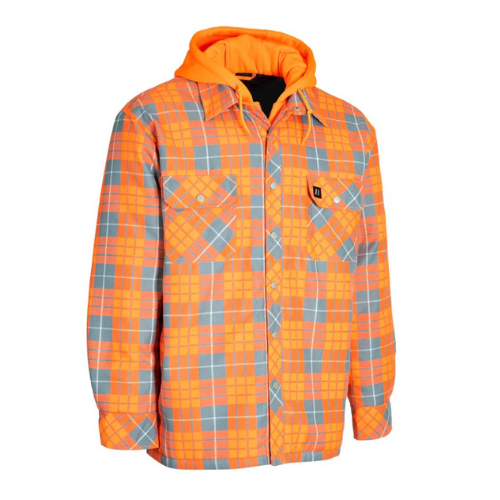 Forcefield Hi Vis Orange Hooded Plaid Quilt-Lined Flannel Shirt Jacket-Front