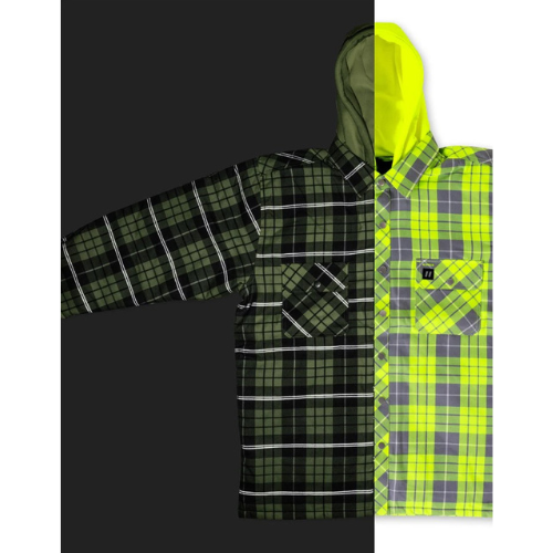 Forcefield Hi Vis Plaid Hooded Quilted Flannel Shirt Jacket with Reflective Striping-Night-Day