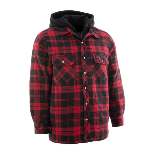 Forcefield Red Hooded Plaid Quilt-Lined Flannel Shirt Jacket-Front
