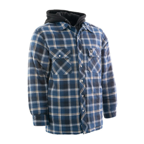 Forcefield Blue Hooded Sherpa-Lined Flannel Shirt Jacket-Front