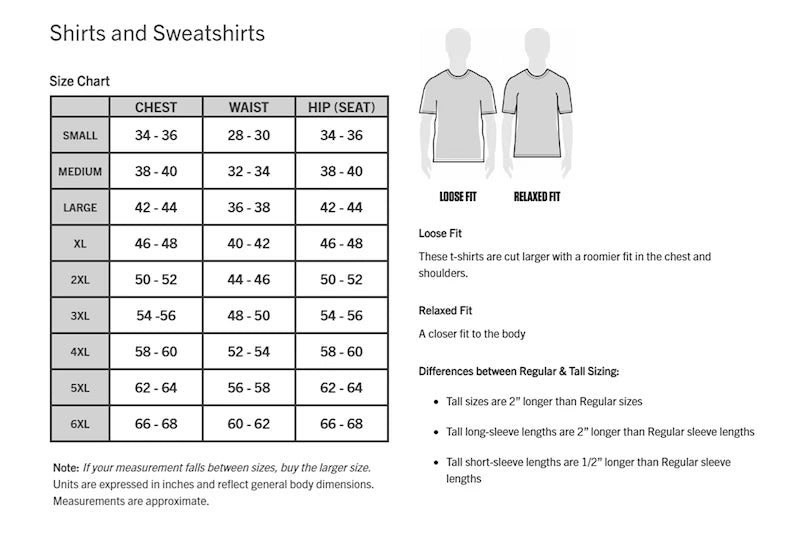 Carhartt T-shirt Sizing Chart