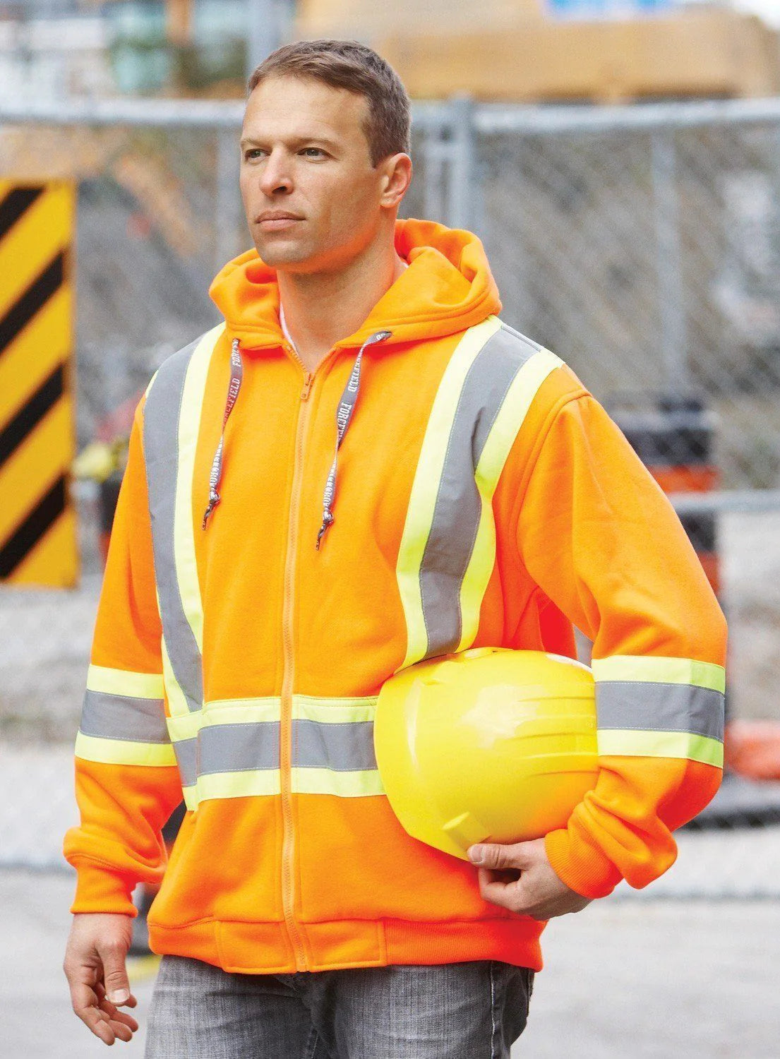 Deluxe hi-vis safety hoodie attached hood orange front2