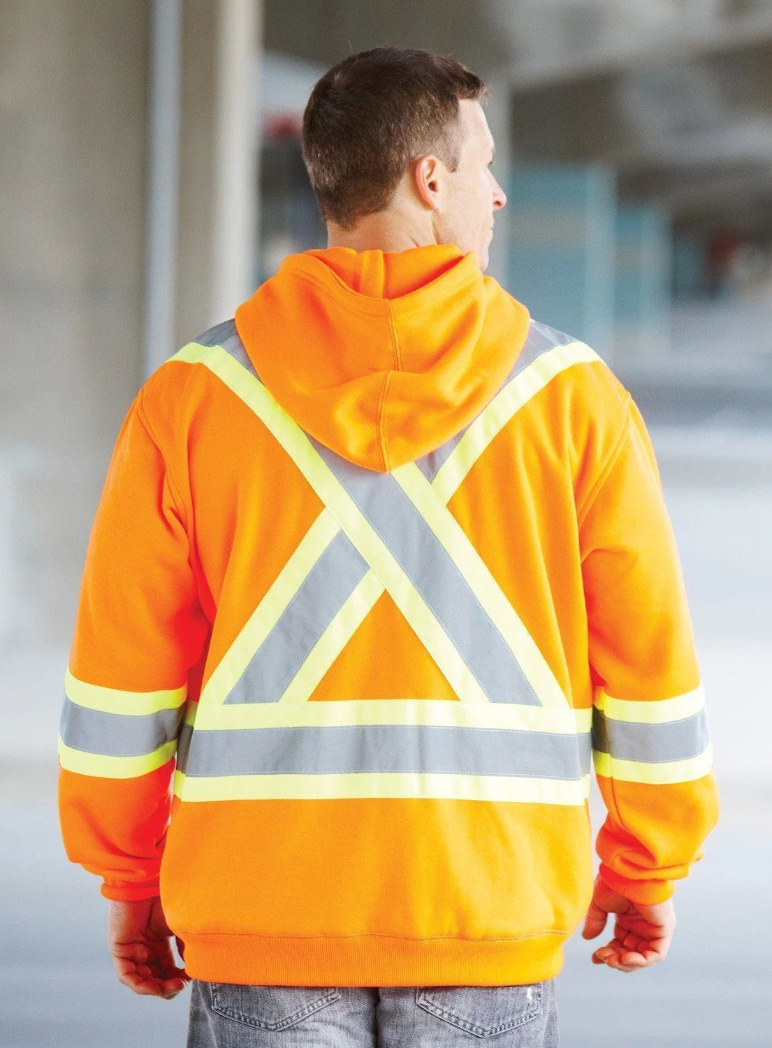 Deluxe hi-vis safety hoodie attached hood orange back