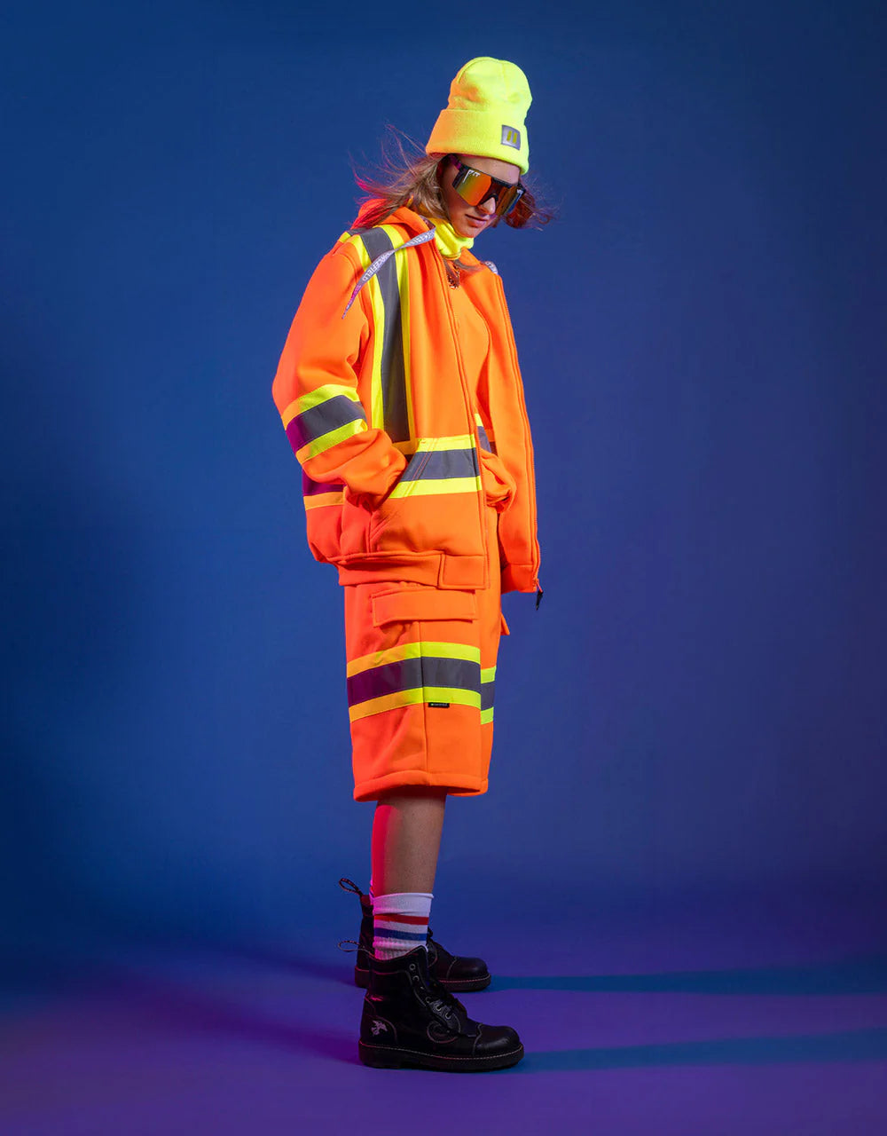 Women's Hi Vis Safety Hoodie with Detachable Hood Modelled