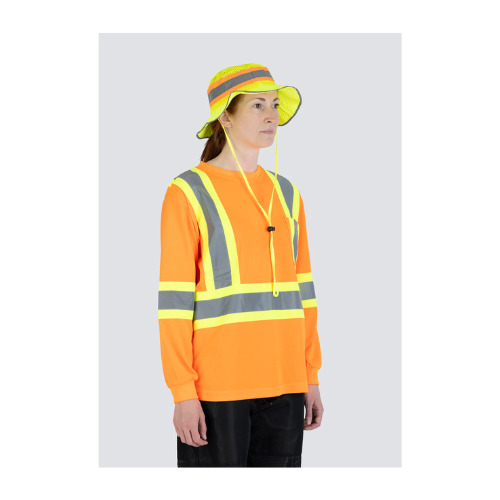 Women's Hi Vis Crew Neck Long Sleeve Orange Safety Tee Shirt side view