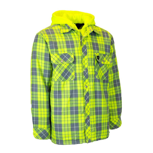 Forcefield Hi Vis Plaid Hooded Quilted Flannel Shirt Jacket with Reflective Striping-Front