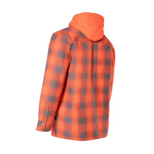 Hi Vis Orange Shadow Plaid Hooded Quilt-Lined Flannel Shirt Jacket - Back