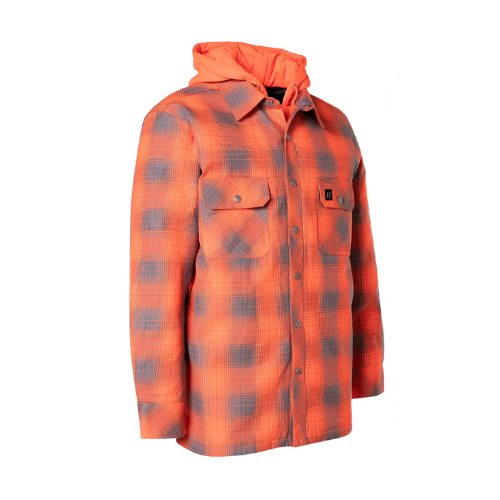 Hi Vis Orange Shadow Plaid Hooded Quilt-Lined Flannel Shirt Jacket - Front