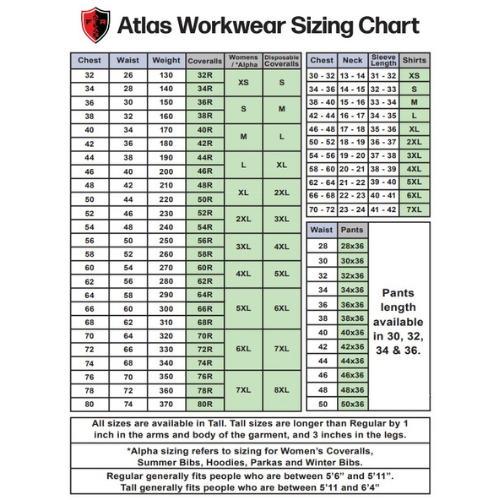 Atlas Workwear Sizing Chart
