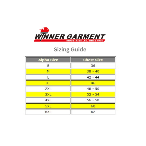 Winner Garment Sizing Guide