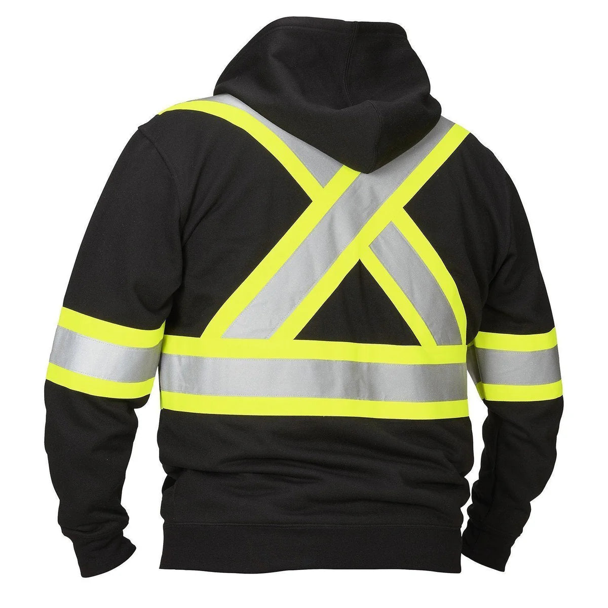 Deluxe hi-vis safety hoodie attached hood black back-spec