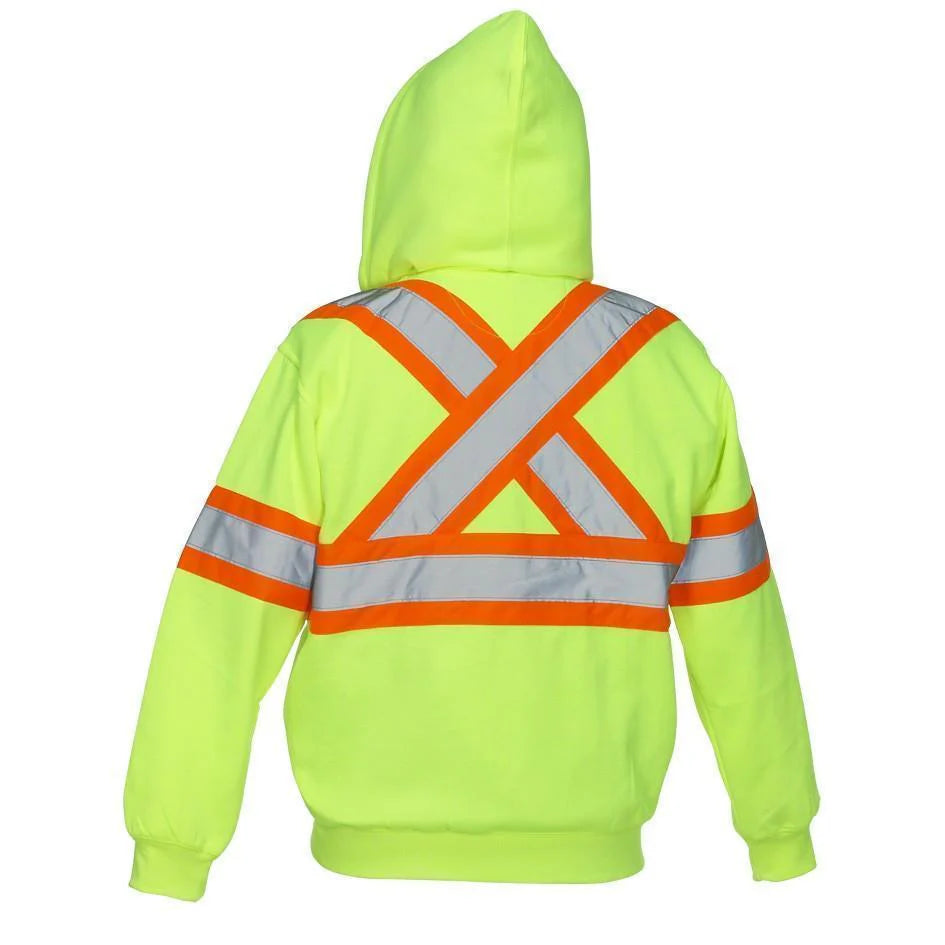 Deluxe hi-vis safety hoodie attached hood lime back-spec