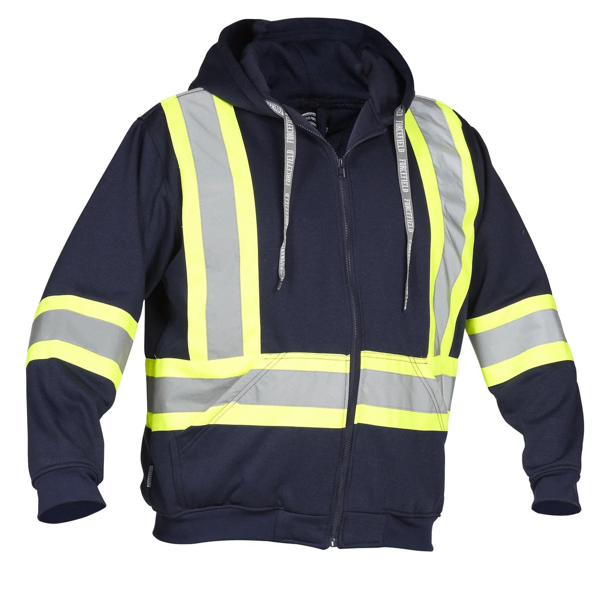 Deluxe hi-vis safety hoodie attached hood navy front