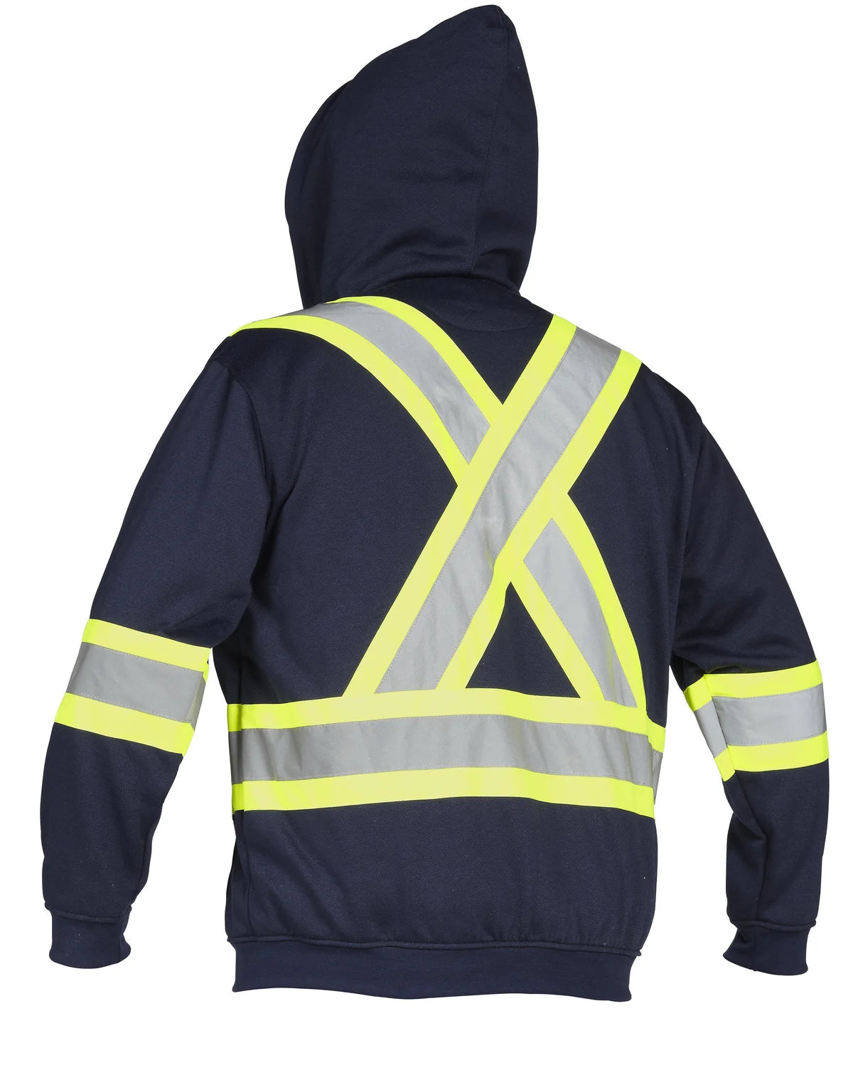 Deluxe hi-vis safety hoodie attached hood navy back