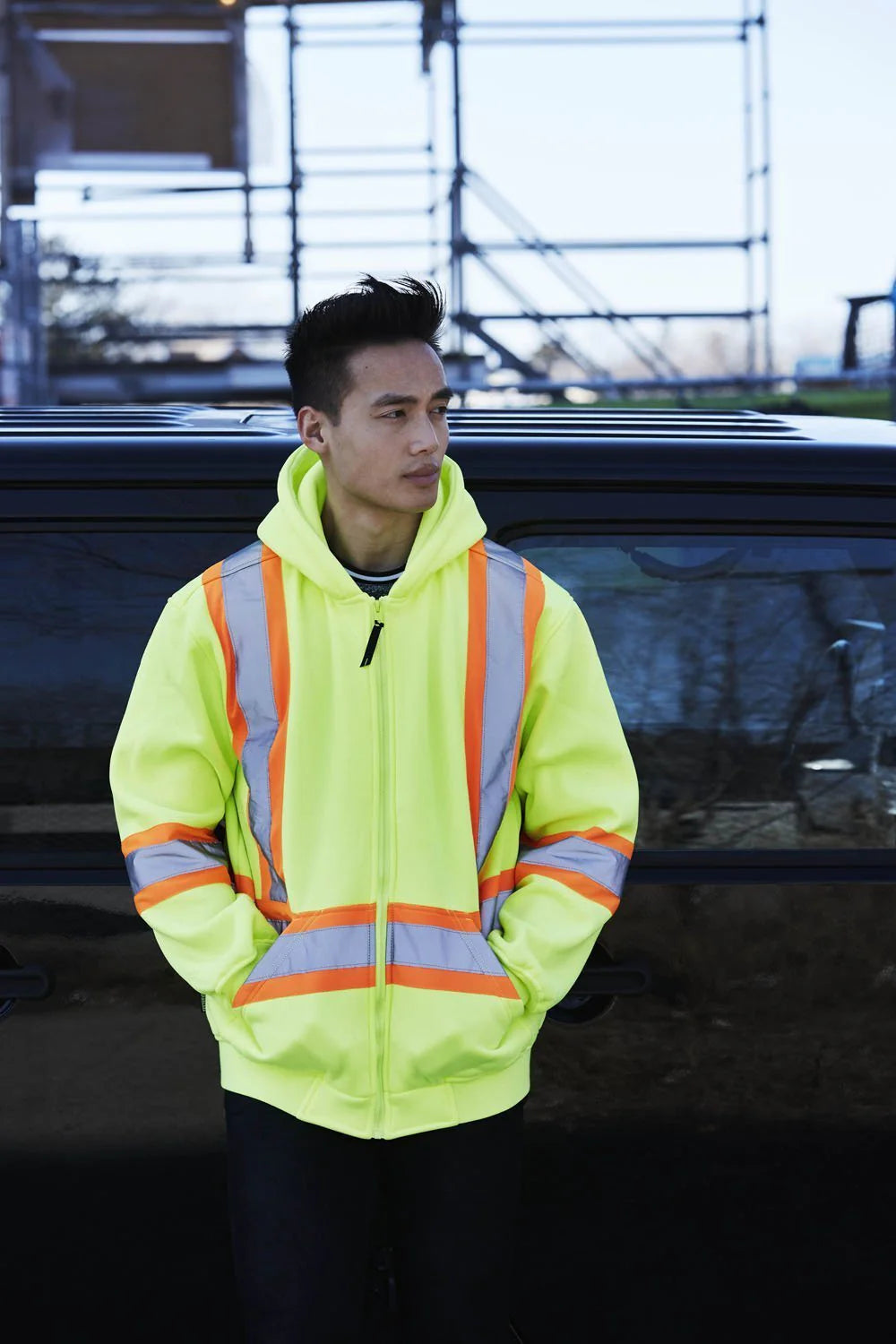 Deluxe hi-vis safety hoodie attached hood lime front2-spec